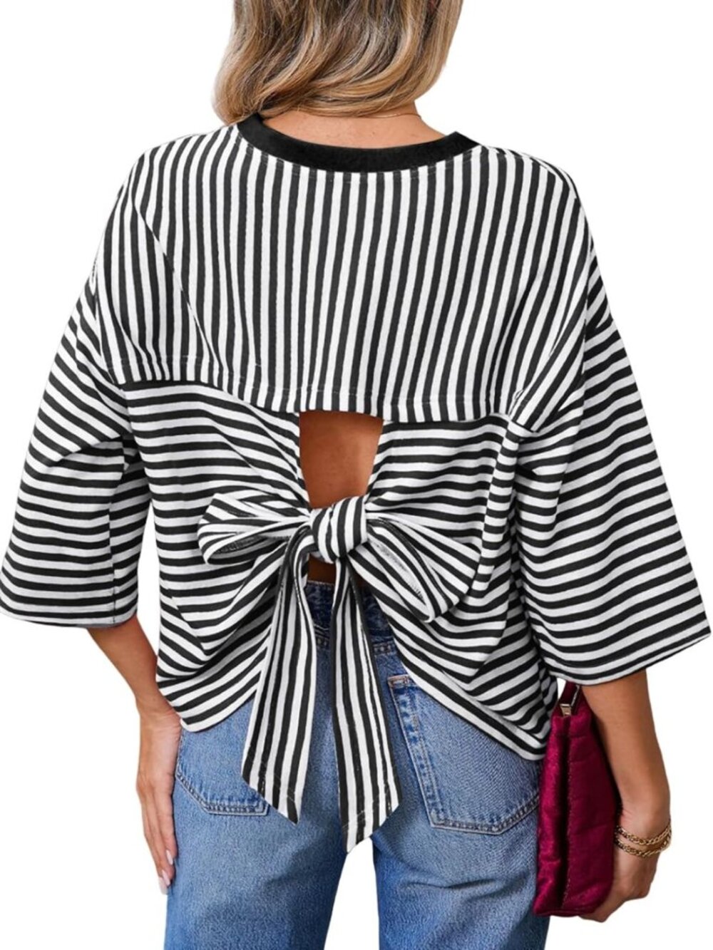 Striped Tie Back Short Sleeve Tee - Casual Loose Crewneck Top for Summer Outfits